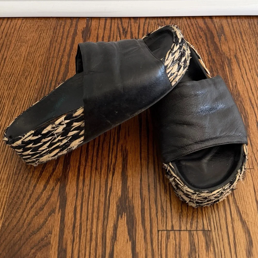 Simon Miller Black Leather Platform Wedges with Braided Tan Accent